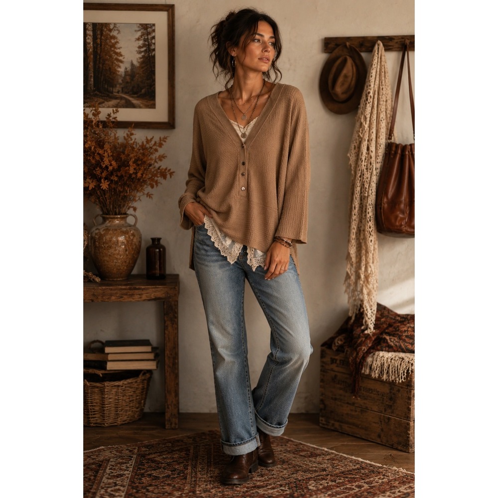 Sunday in Brooklyn Brown Waffle Cardigan L Granola Lagenlook Earthy Comfy Cozy
